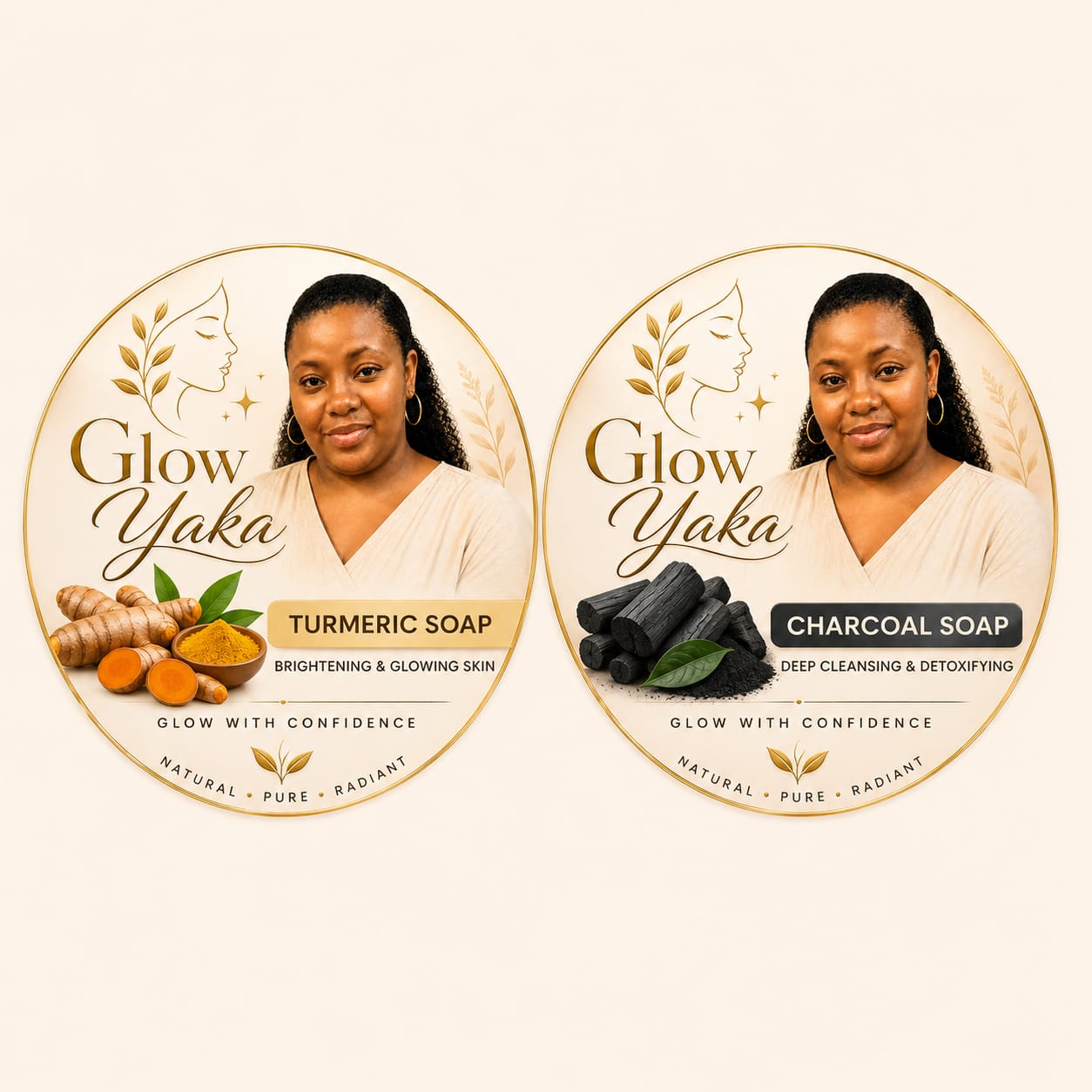 Glow Yaka Turmeric Soap and Charcoal Soap product labels